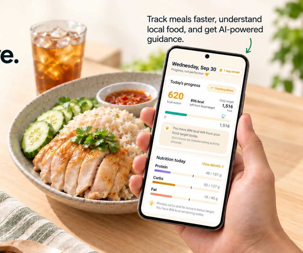 CalCalGo nutrition tracker displayed on a phone beside chicken rice. Track meals faster, understand local food, and get AI-powered guidance.