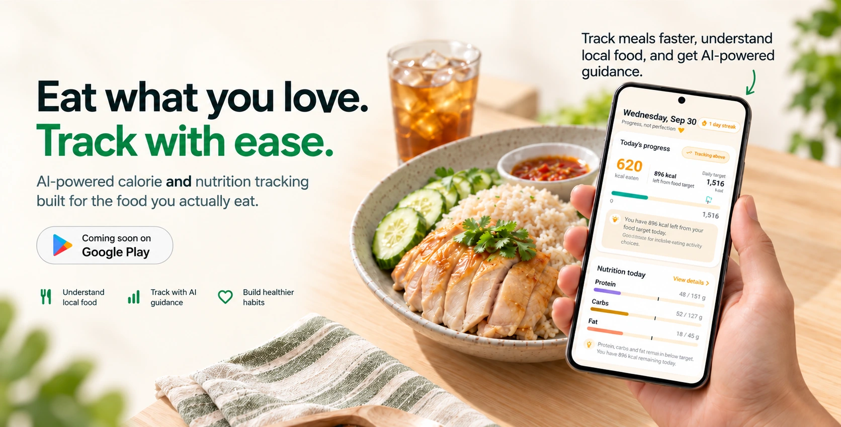 Eat what you love. Track with ease. CalCalGo nutrition app shown next to a real meal. Track meals faster, understand local food, and get AI-powered guidance.